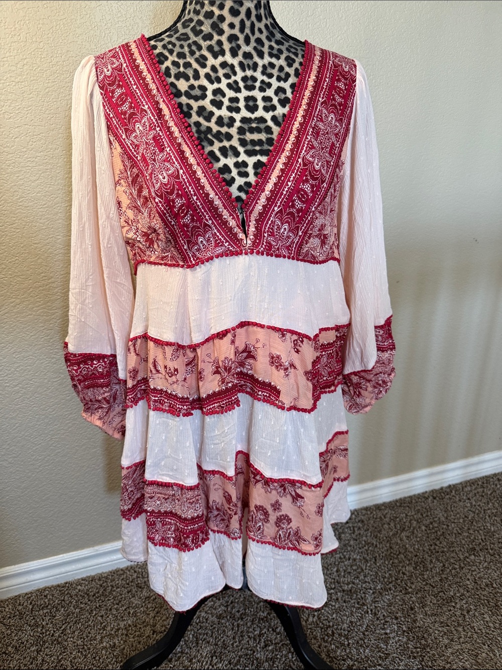 Free People Pink and Red Tiered V-Neck Mini Dress